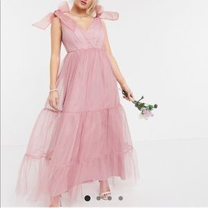 Tulle bow tie tiered maxi dress in rose.